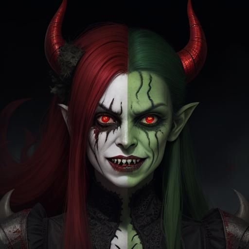 Hyperrealistic Demon Woman with Red Eyes and Horns