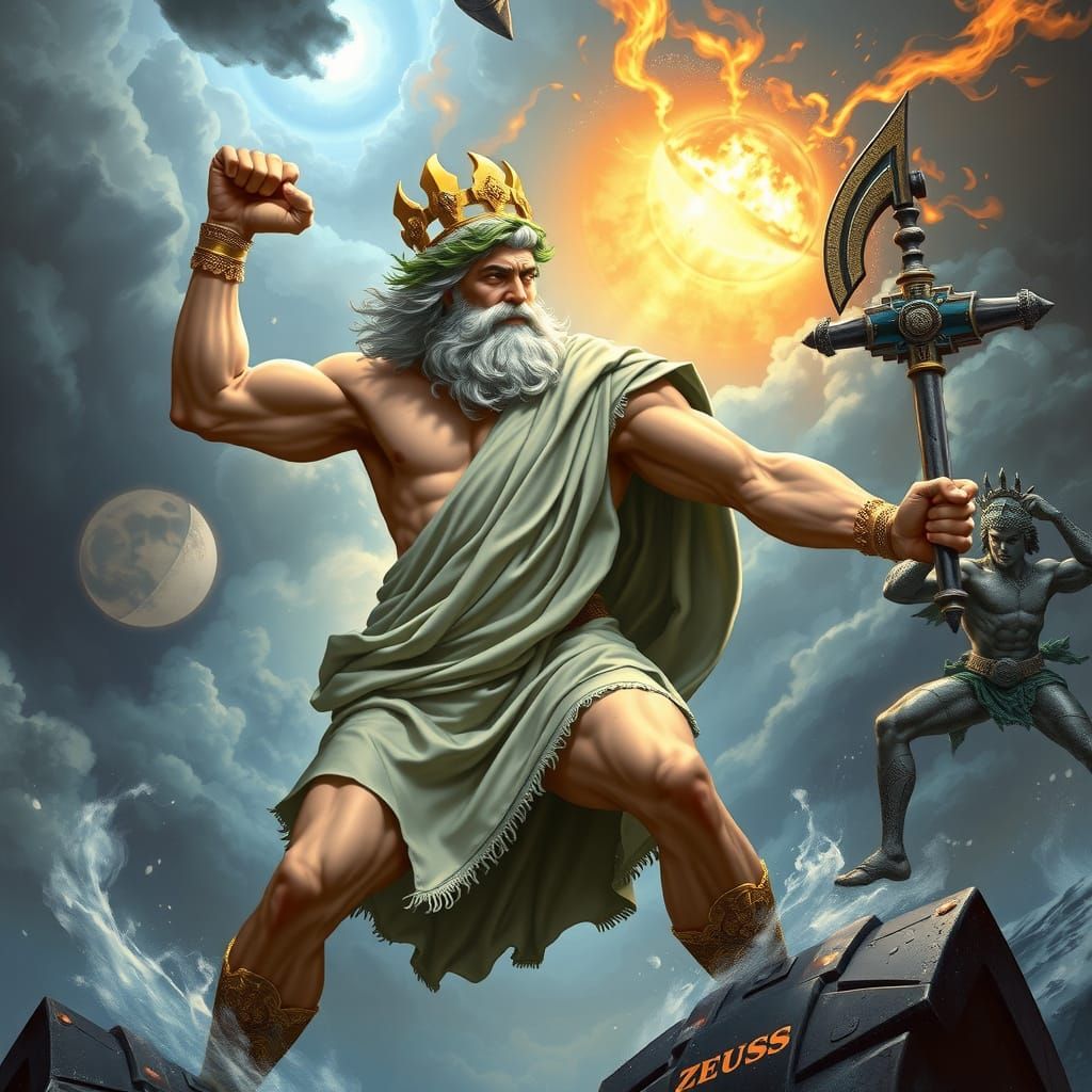 Zeus Battles Rival God on Olympus: Dark Fantasy Art