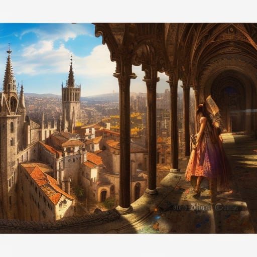 Sunny Medieval Spanish City Oil Painting