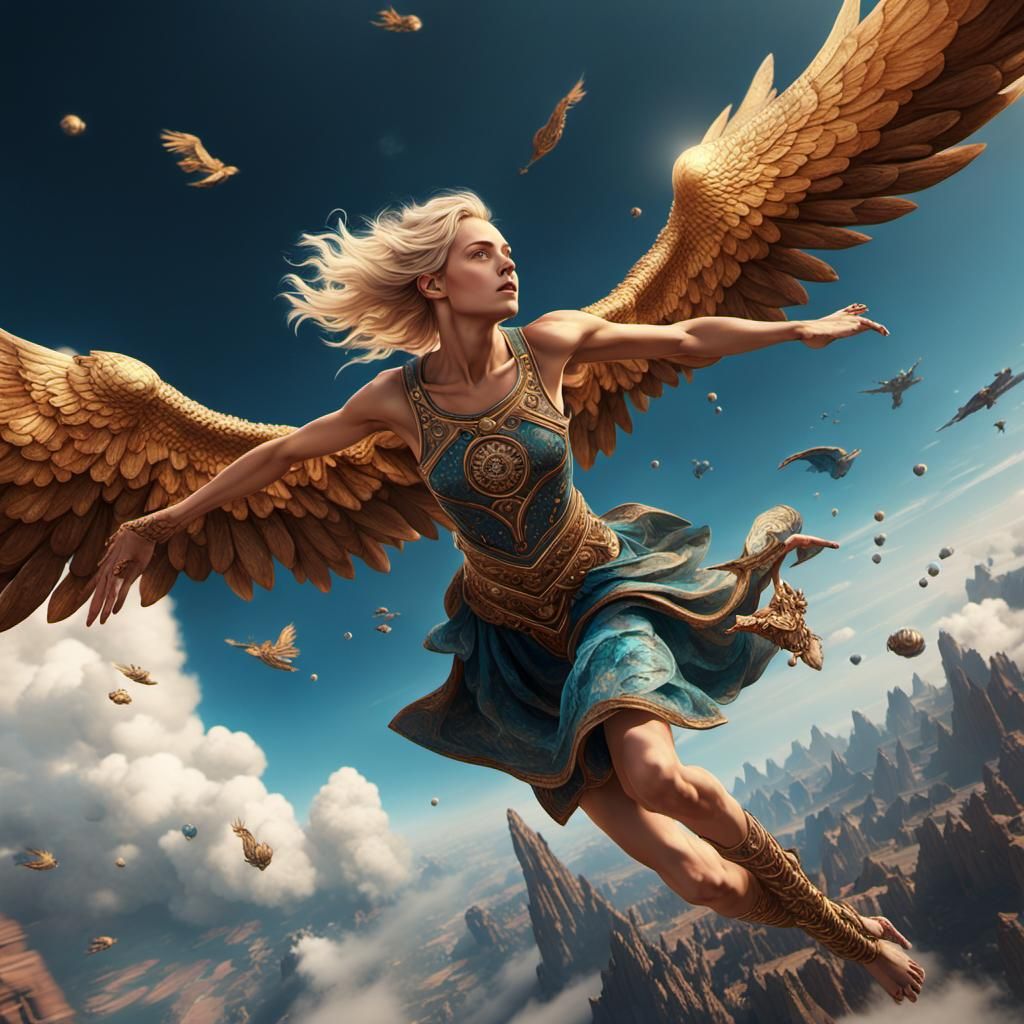 Nude Blonde Woman Flying in Sky, Detailed Matte Painting