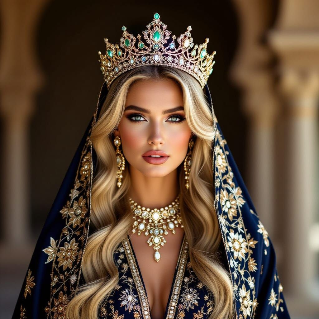 Majestic Blonde Model in Opulent Abaya with Crown