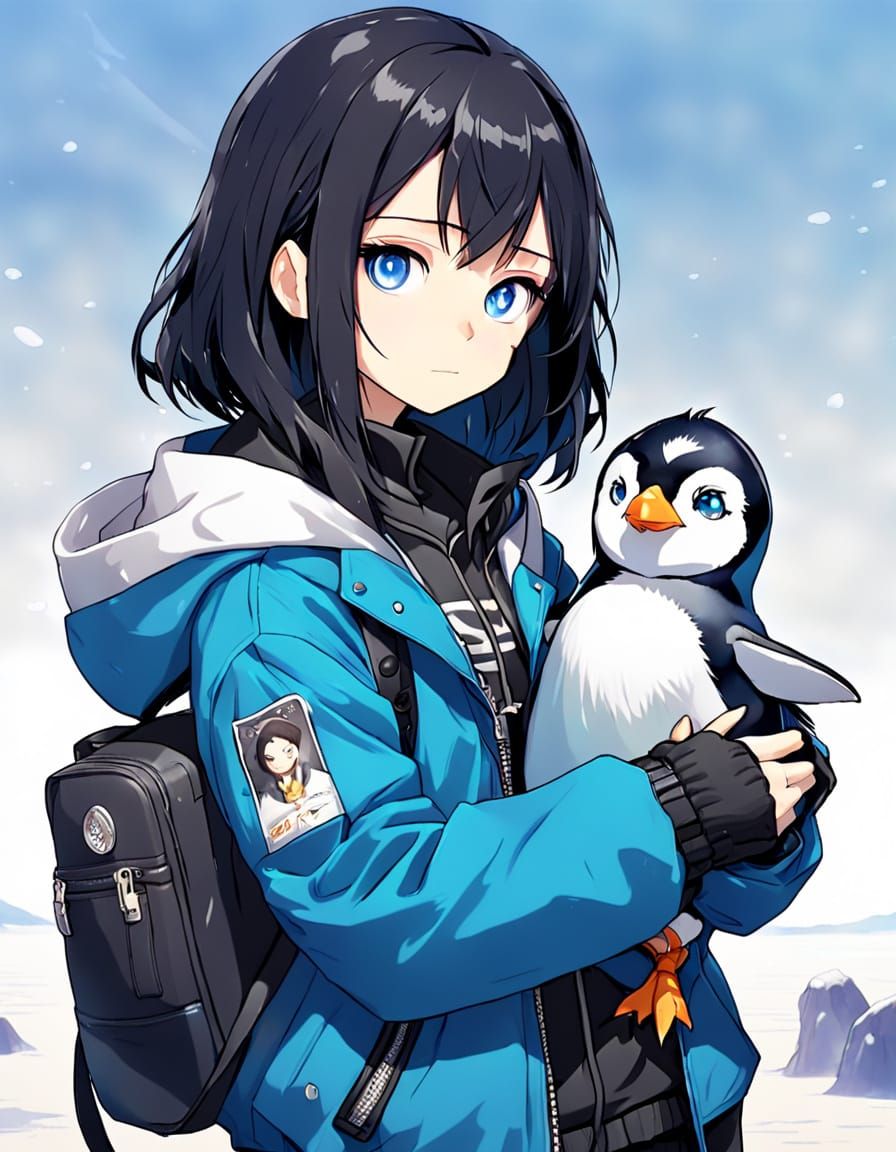 Anime Girl with Penguin in Stylish Black Jacket