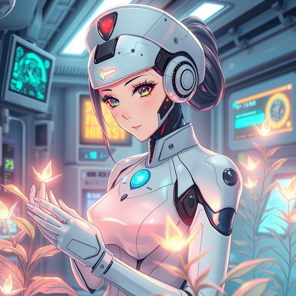 Futuristic Nurse Android Tending Bioluminescent Plants