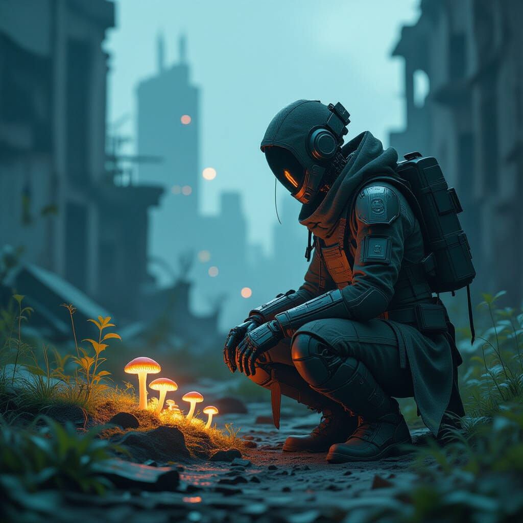 Cyborg Gardener in Post-Apocalyptic Ruins