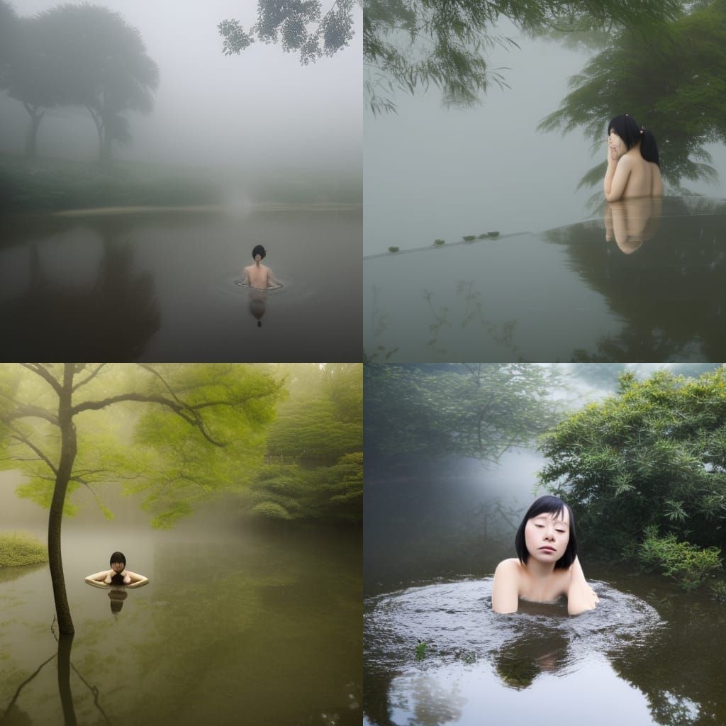 Japanese Woman Bathing in Foggy Pond