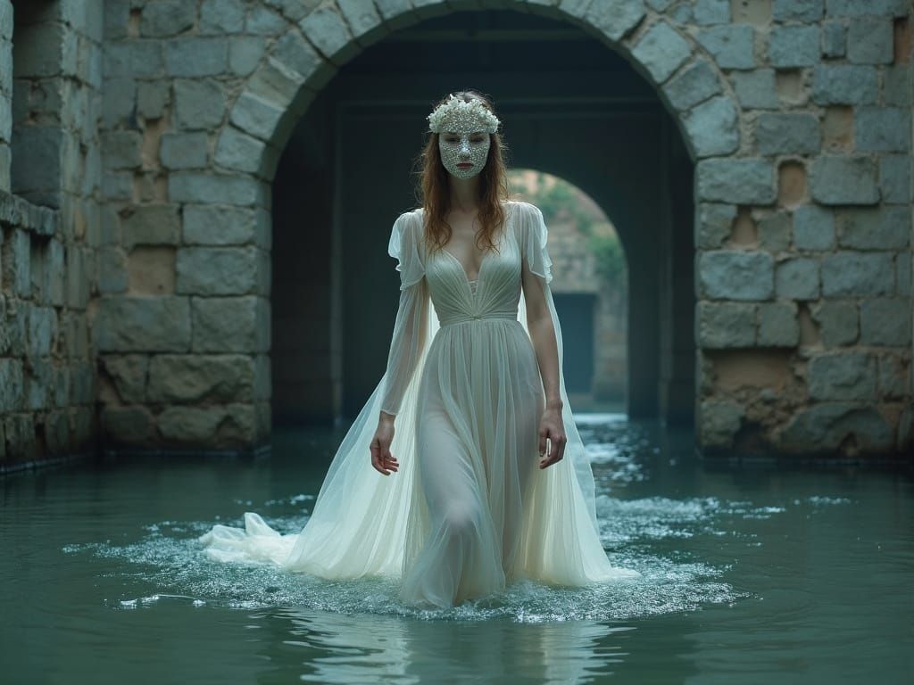 Woman in Ethereal White Gown Amidst Ancient Ruins