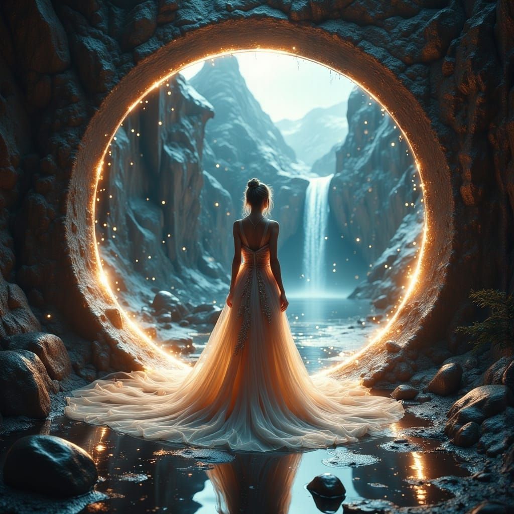 Mystical Portal: Woman in Ethereal Gown, 3D Cinematic