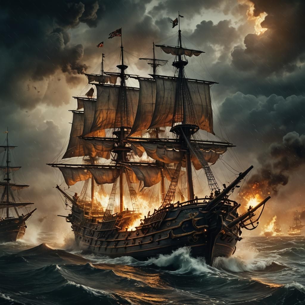 Pirate Ships Battle in Stormy Seas: Cinematic Oil Painting