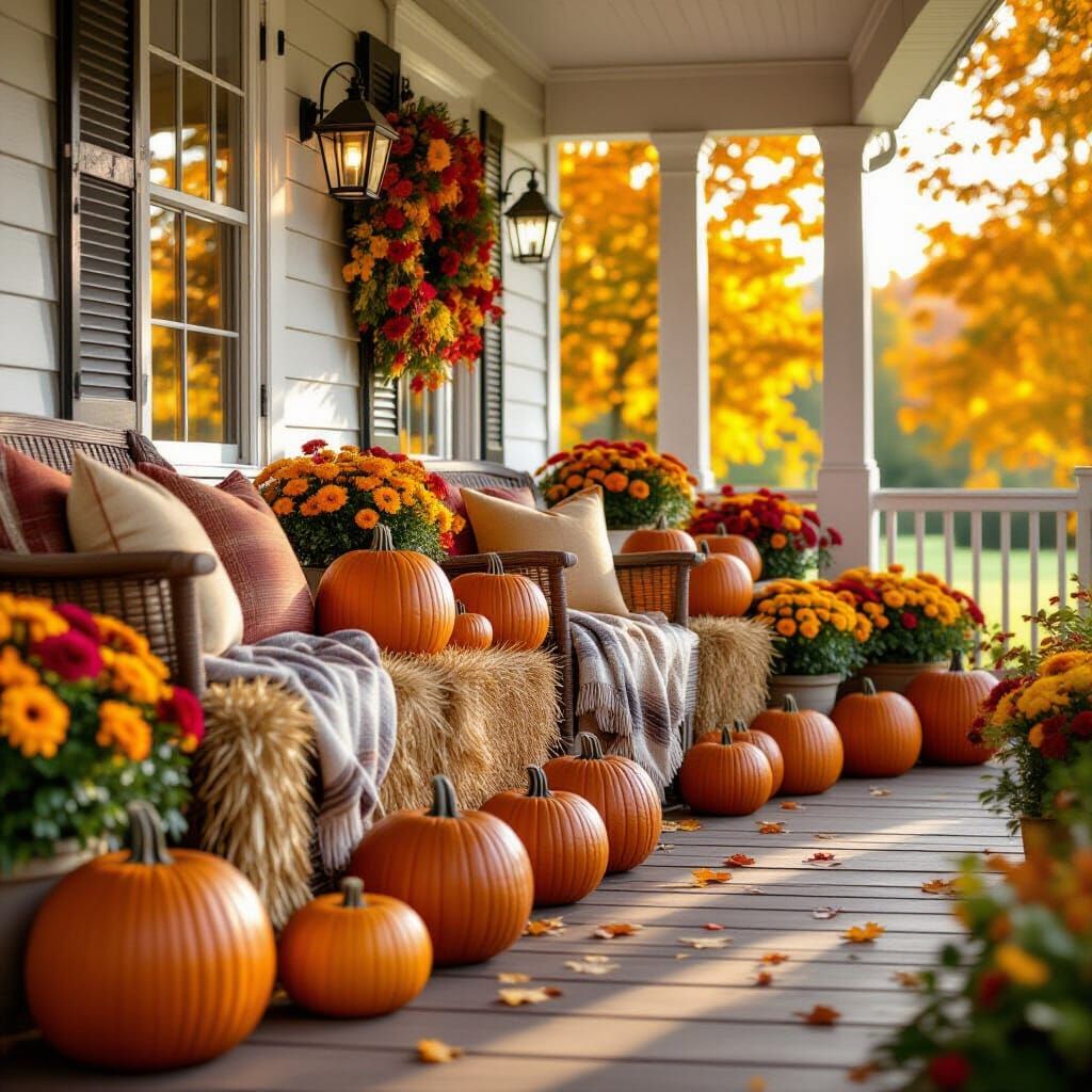 Welcoming Fall Porch with Pumpkins and Autumn Foliage