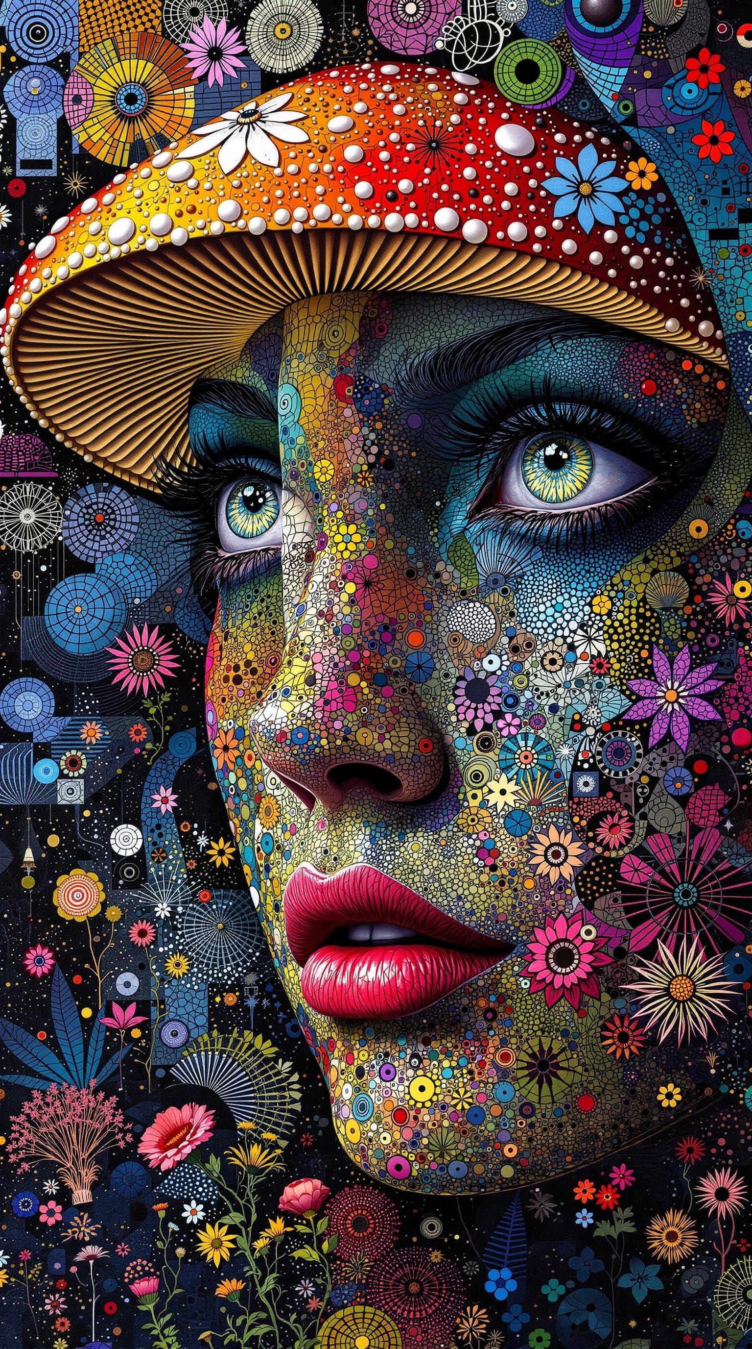 Abstract Pop Art Portrait with Wildflowers and Technology