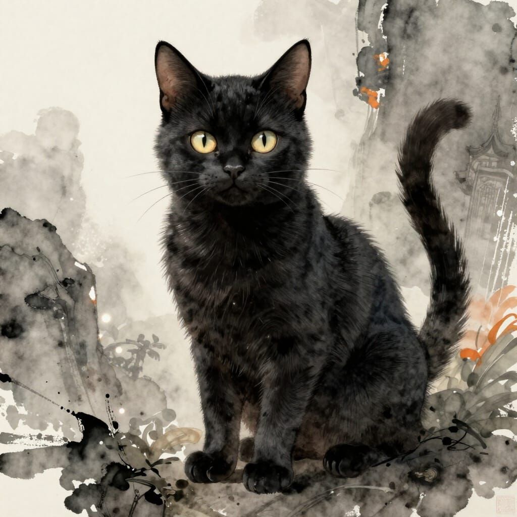 Black Cat Matte Painting in Chinese Watercolor Style