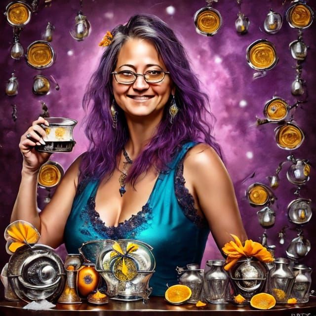 Magical Mixologist Creating Enchanting Potions in Metallic H...