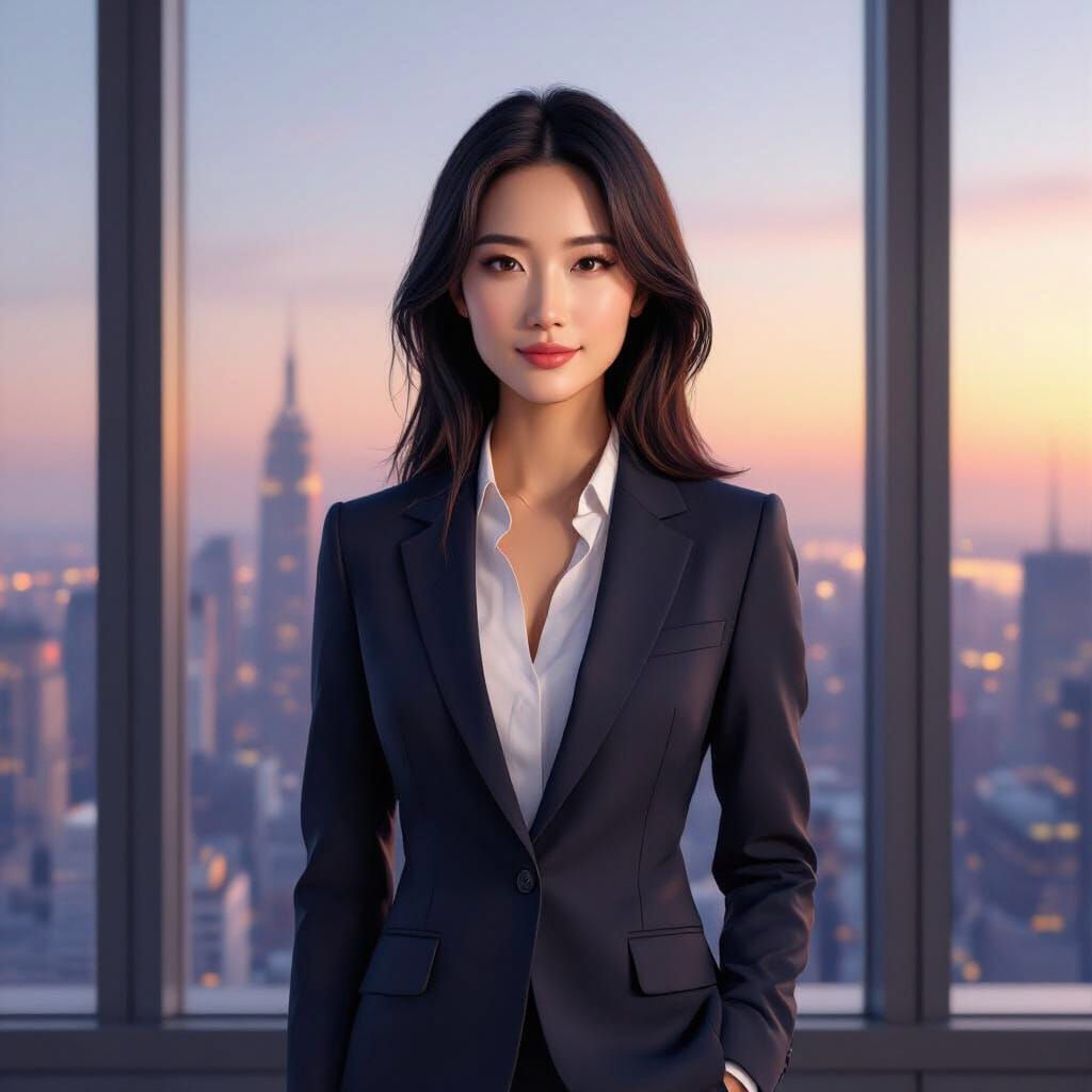 Confident Asian Woman in Corner Office at Dusk