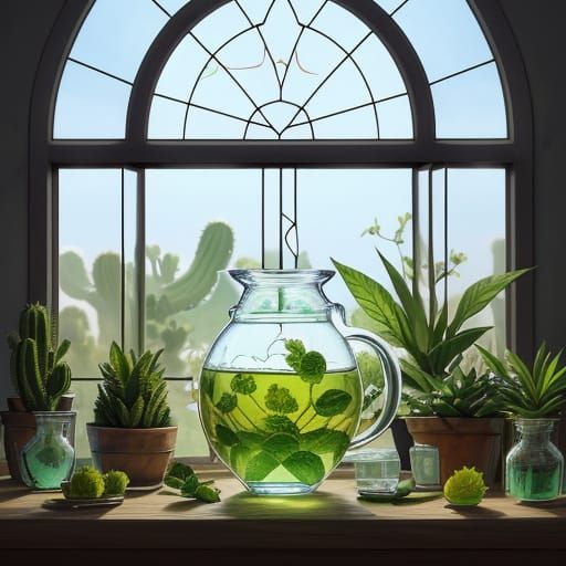 Hyperrealistic Cactus Glass With Tea and Mint