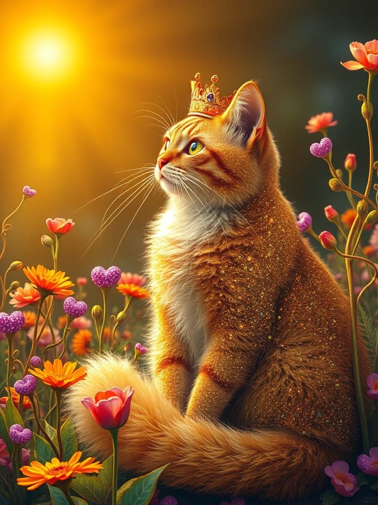 Surreal Feline Monarch in Vibrant, Dreamlike Garden