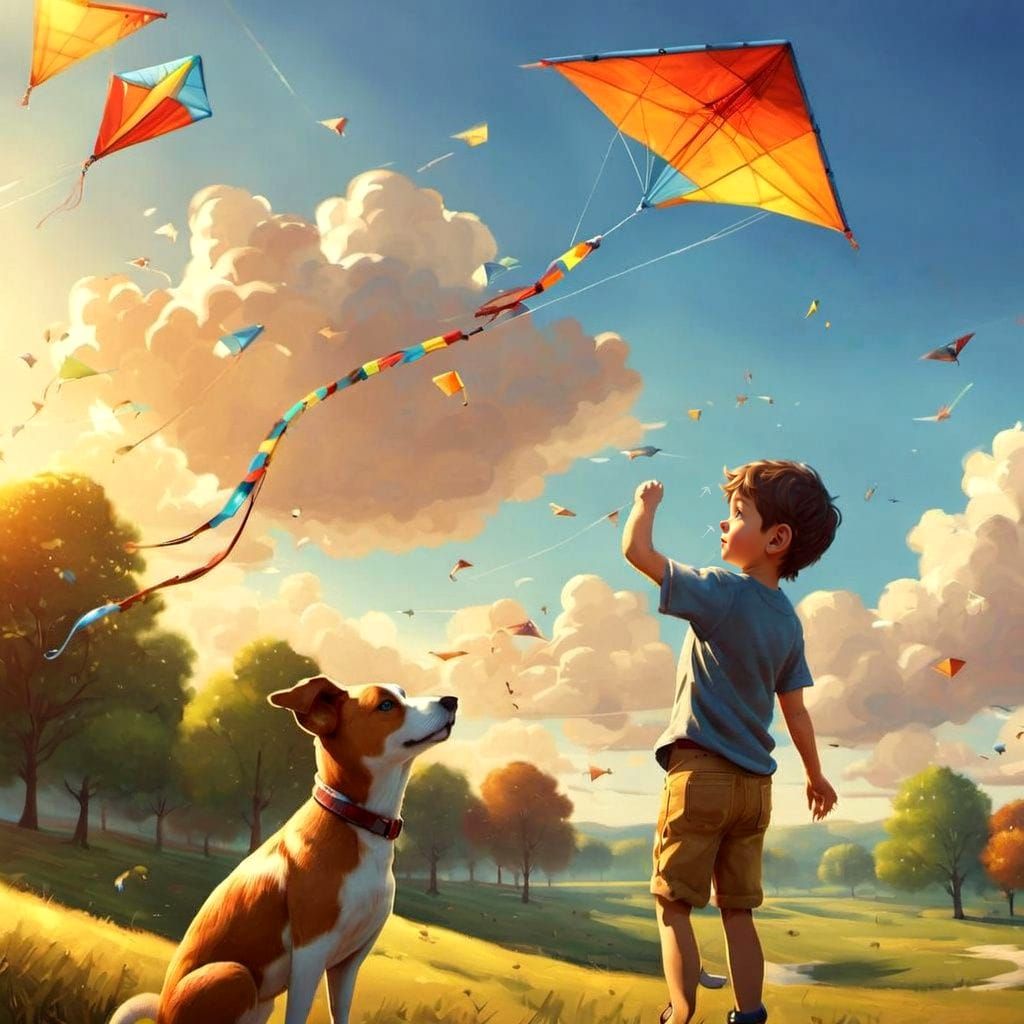 Boy and Dog Fly Kite on Sunny Day