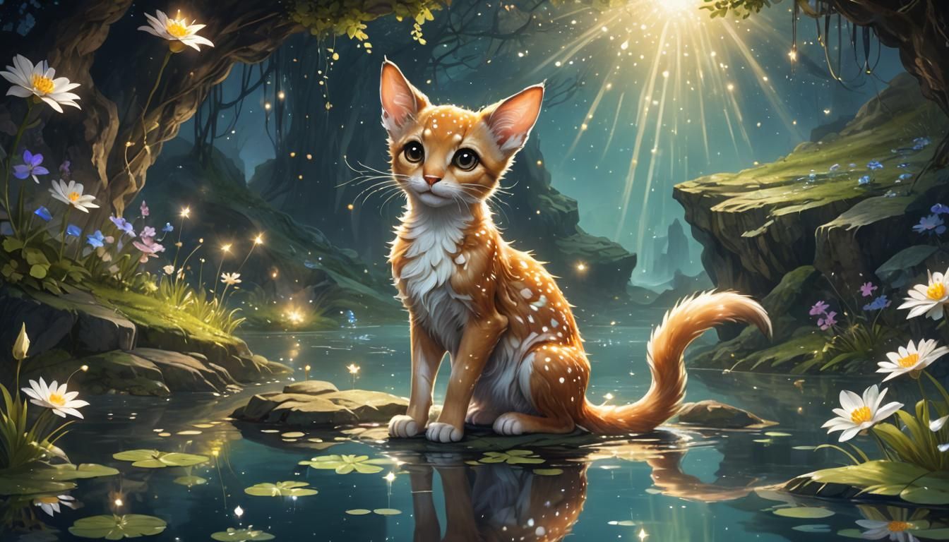 Glowing Fantasy Fawn Cat in Cave Oil Painting