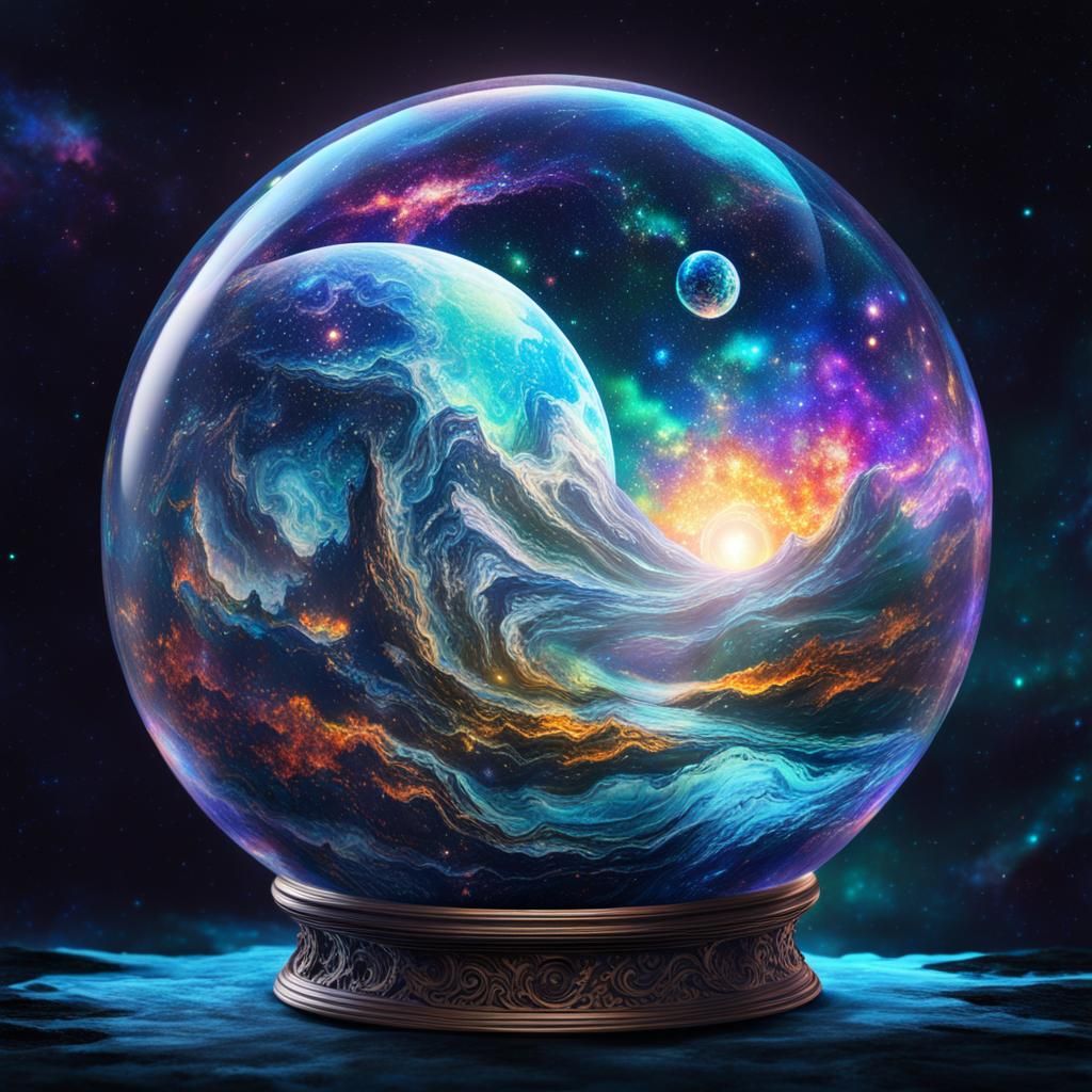 World in Glass Ball: Holographic Astral Illustration