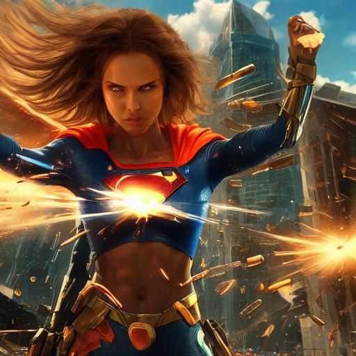 Bulletproof Blonde Superheroine Deflecting Hail of Bullets