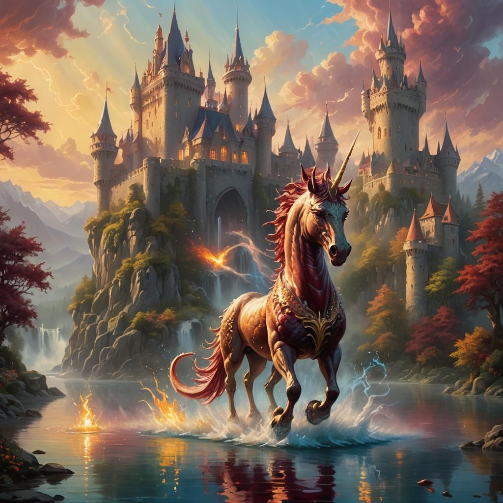 Dragon-Unicorn Hybrid Breathes Fire in Ethereal Painting