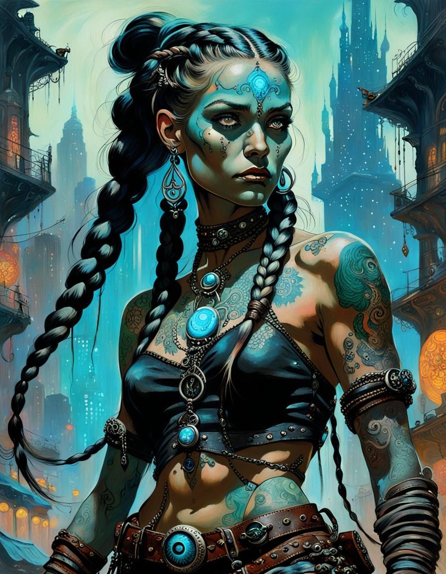 Arcane Tattooed Woman in Bioluminescent City