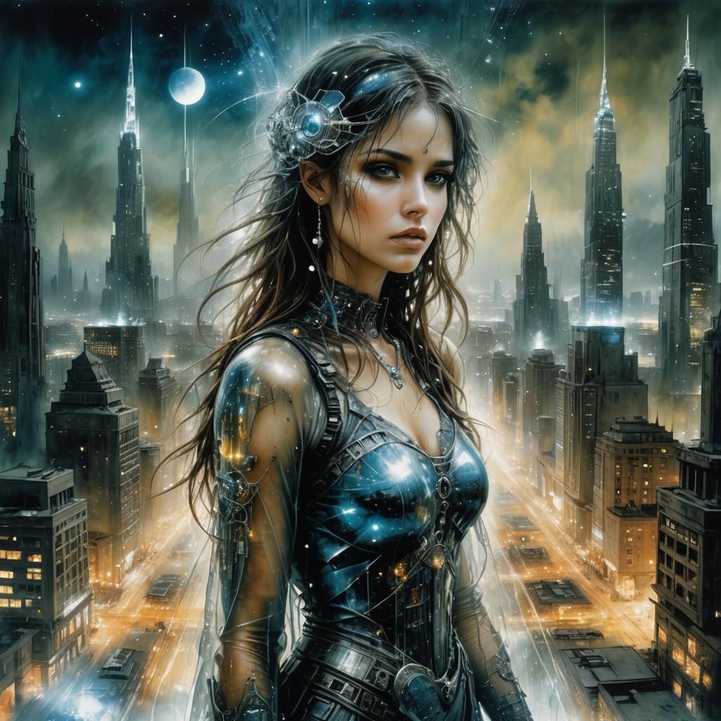 Futuristic Double Exposure of Girl and Cityscape