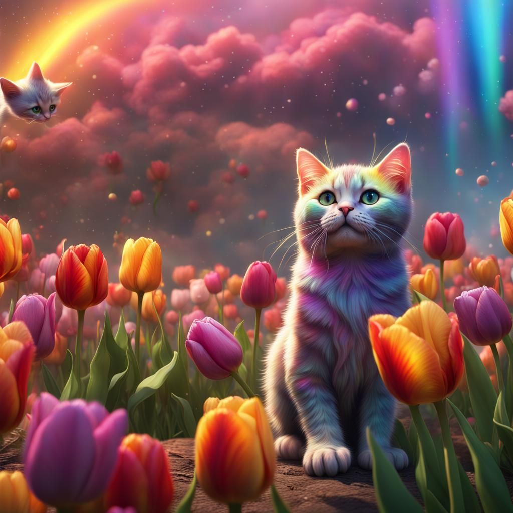 Rainbow Tulips Dance for Kittens: Fantasy Art