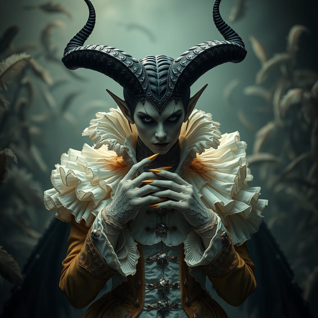 Gothic Demon in Victorian Jacket with Feathered Horror Lands...