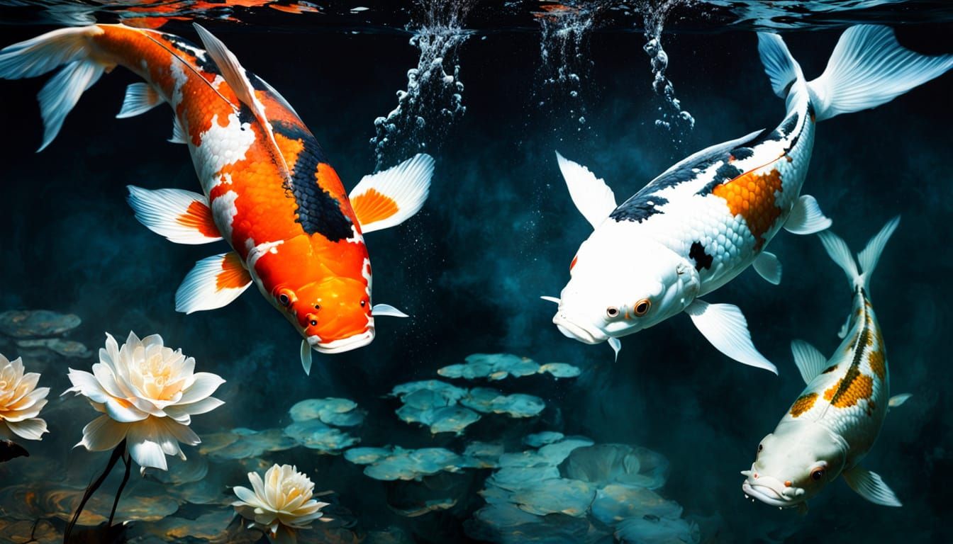 Masterpiece Koi Carps Swimming in Underwater Fountain