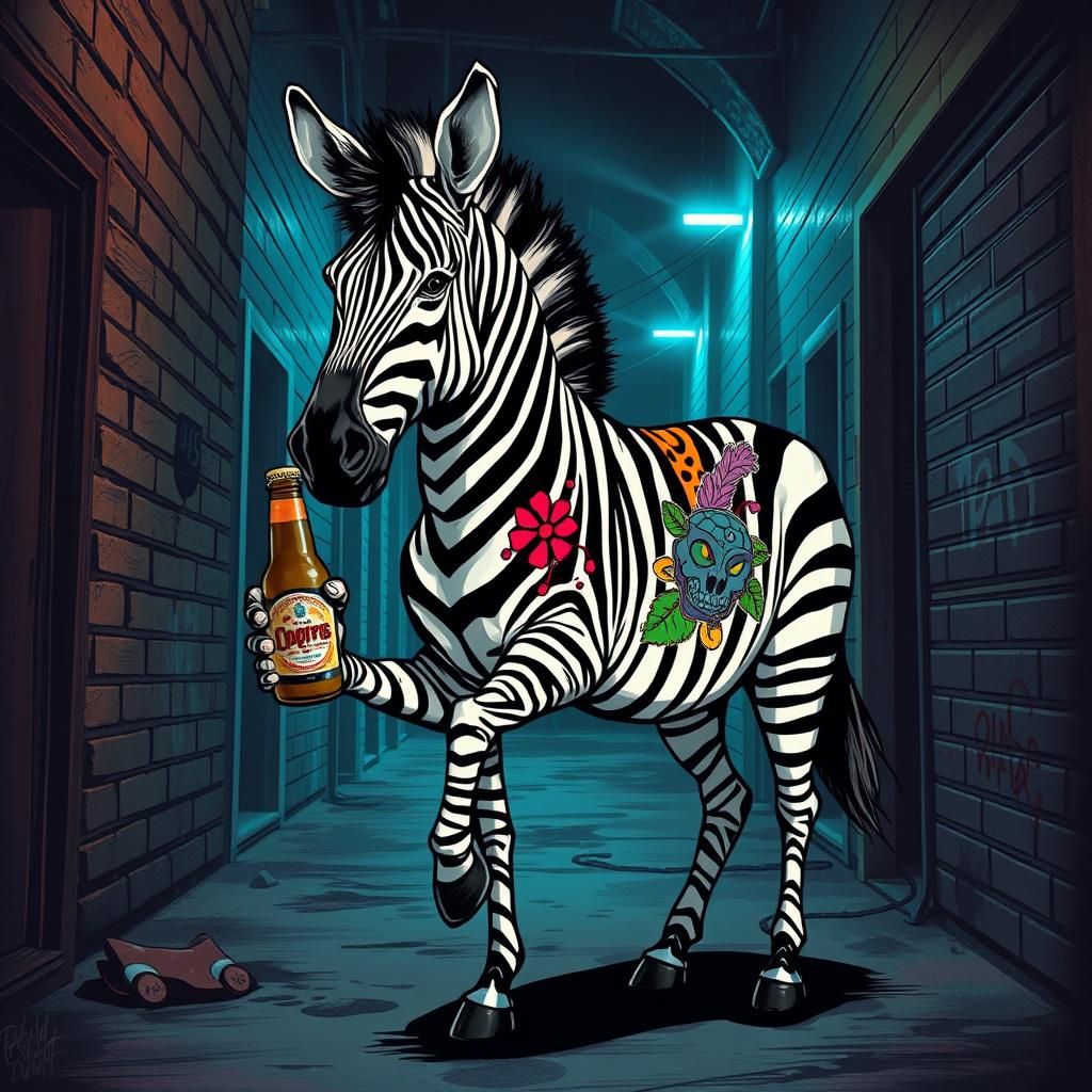 Punk zebra with coloured tattoos holding a beer