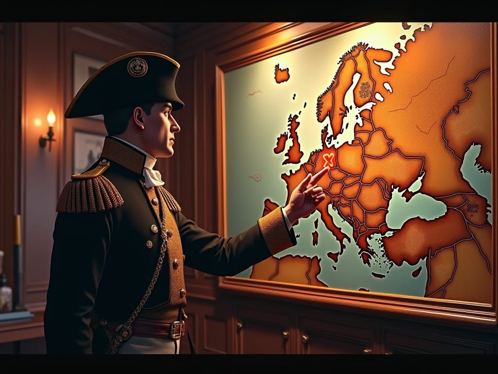 Napoleon Bonaparte Points to Map in Dimly Lit Study