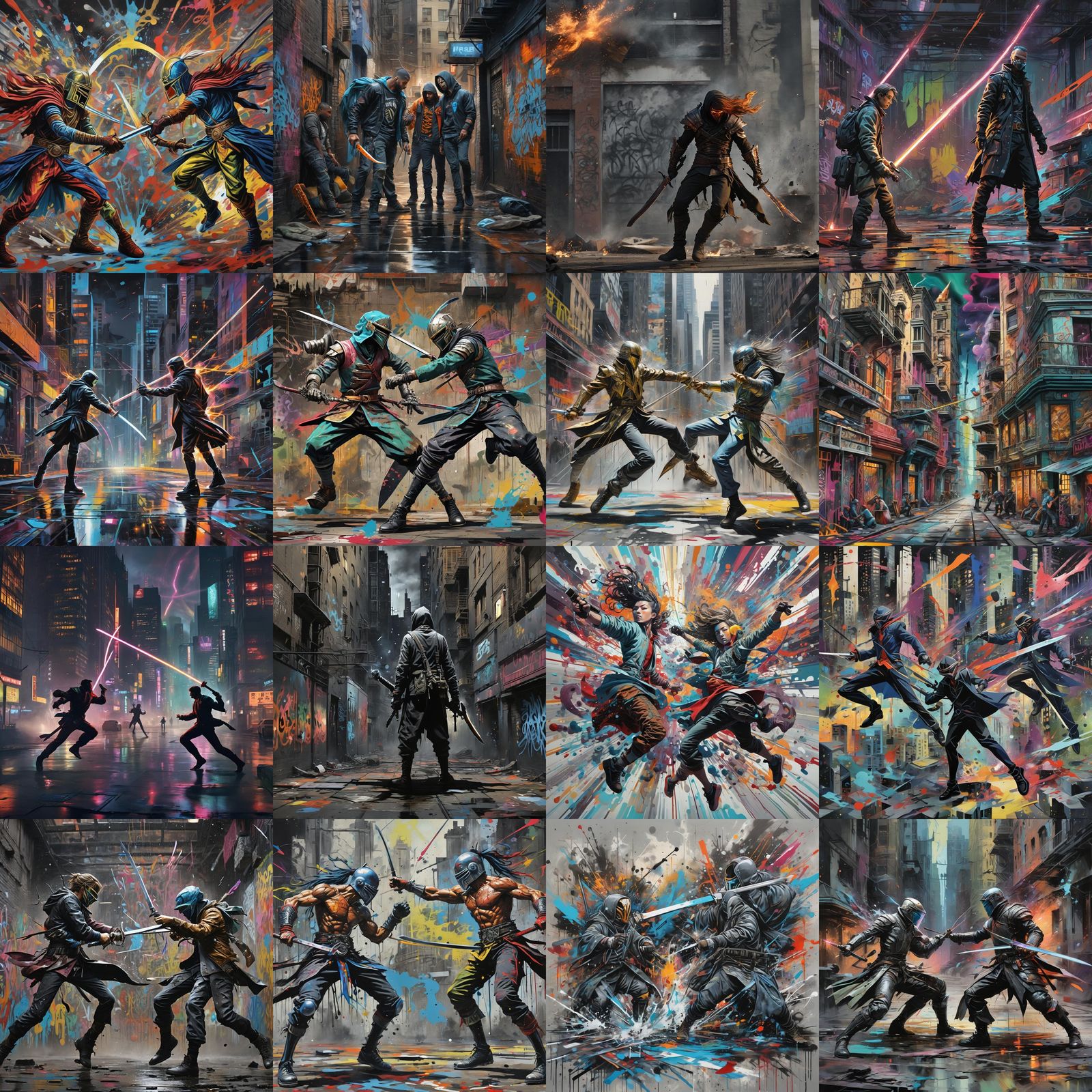 Dynamic Sword Fight in Graffiti Street Art Style
