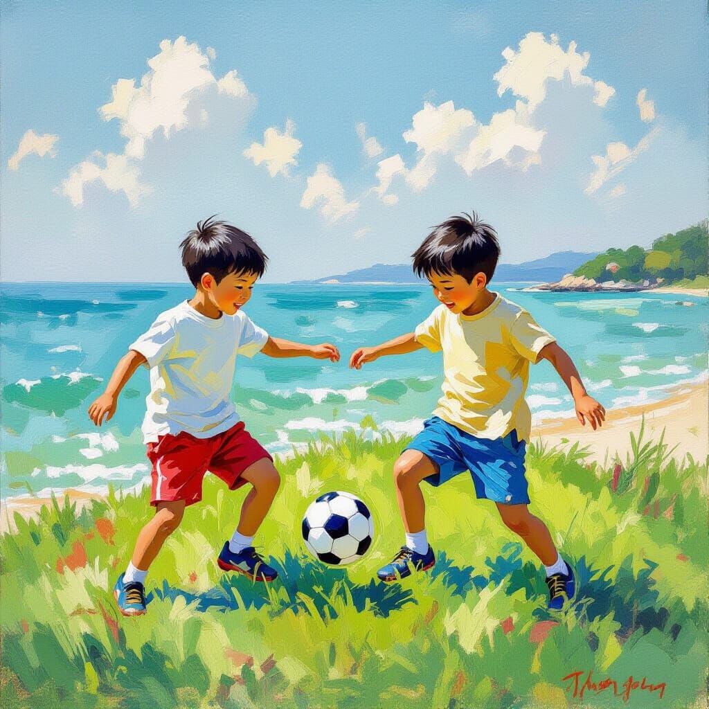 Boys Playing Football in Impressionist Style