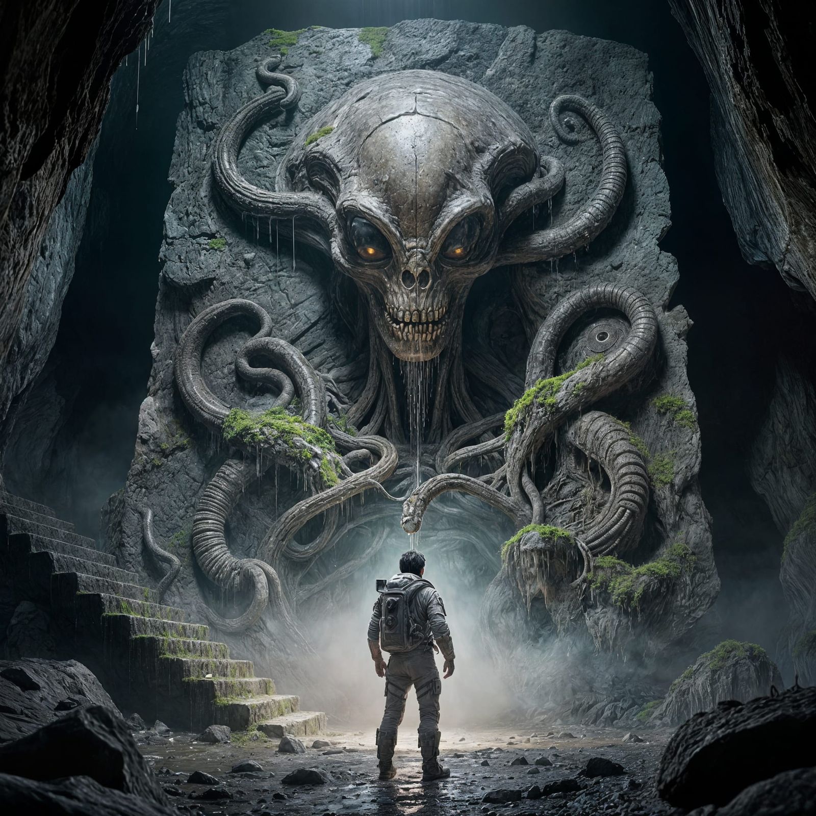 Astronaut Encounters Gigantic Alien Bas-Relief in Dark Cave