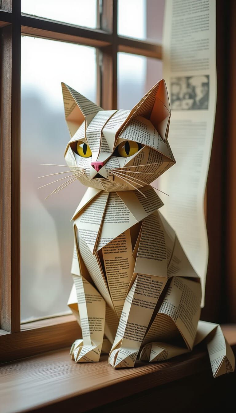 Origami Newspaper Cat Portrait in Digital Art Style