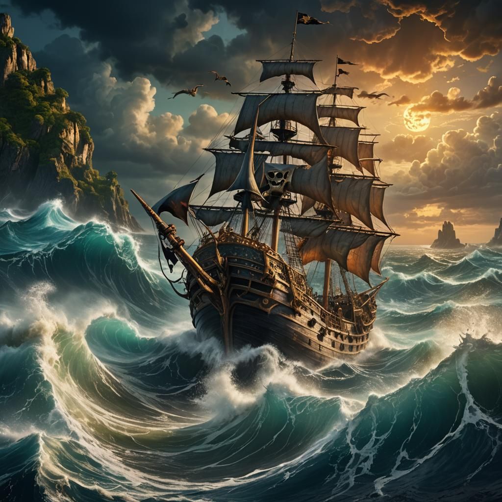 Pirate Ship Battles Sea Monster in Fantasy Painting