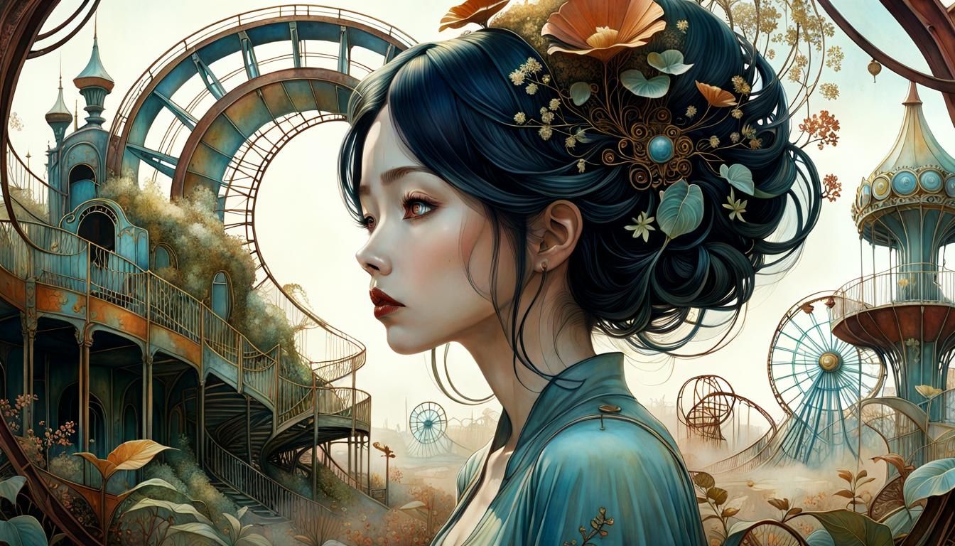 Surreal Abandoned Theme Park Scene in Whimsical Style