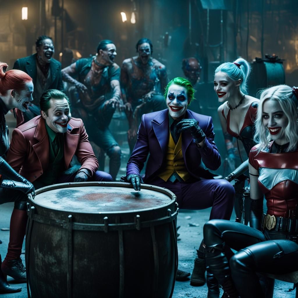 Joker Laughing with Gang, Harley Quinn and Batman