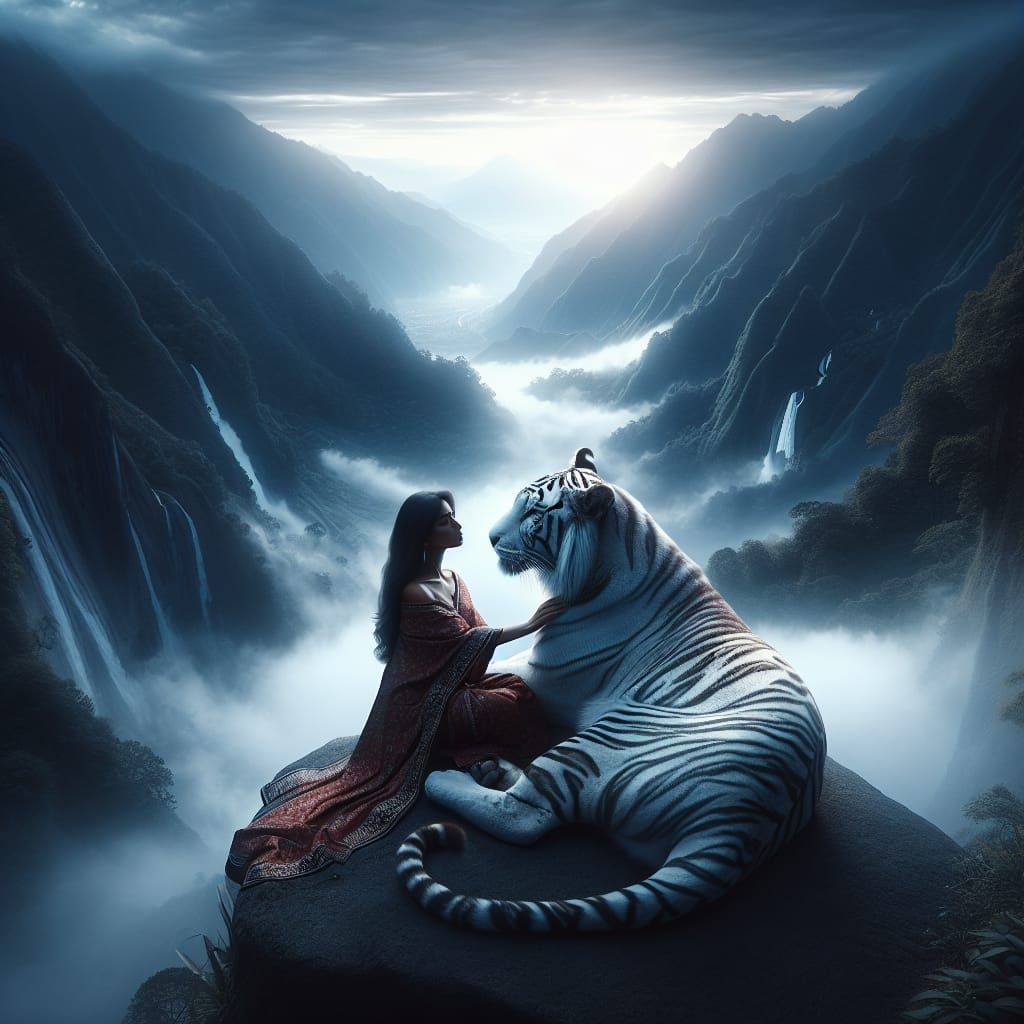 Woman and White Tiger in Ethereal Landscape