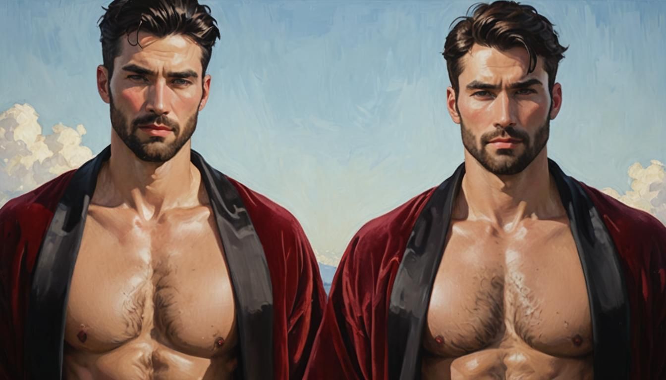 Two Men in Velvet Robes, Neo-Impressionist Oil Painting