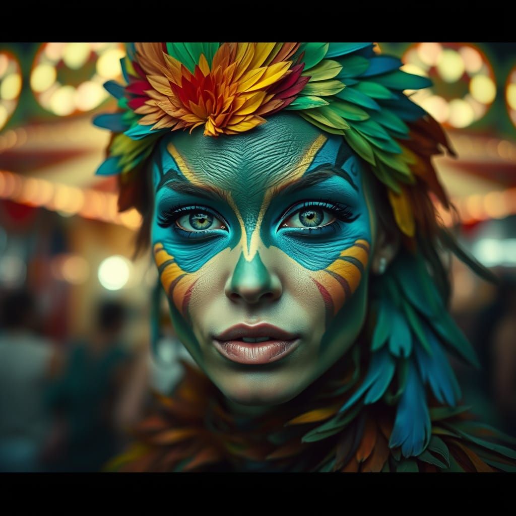 Woman in Vibrant Feathers, Fairground Background