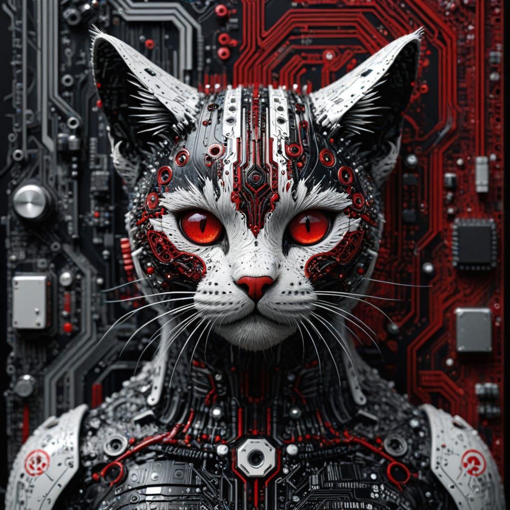Digital Artwork of a Kitten with Intricately Detailed Circui...