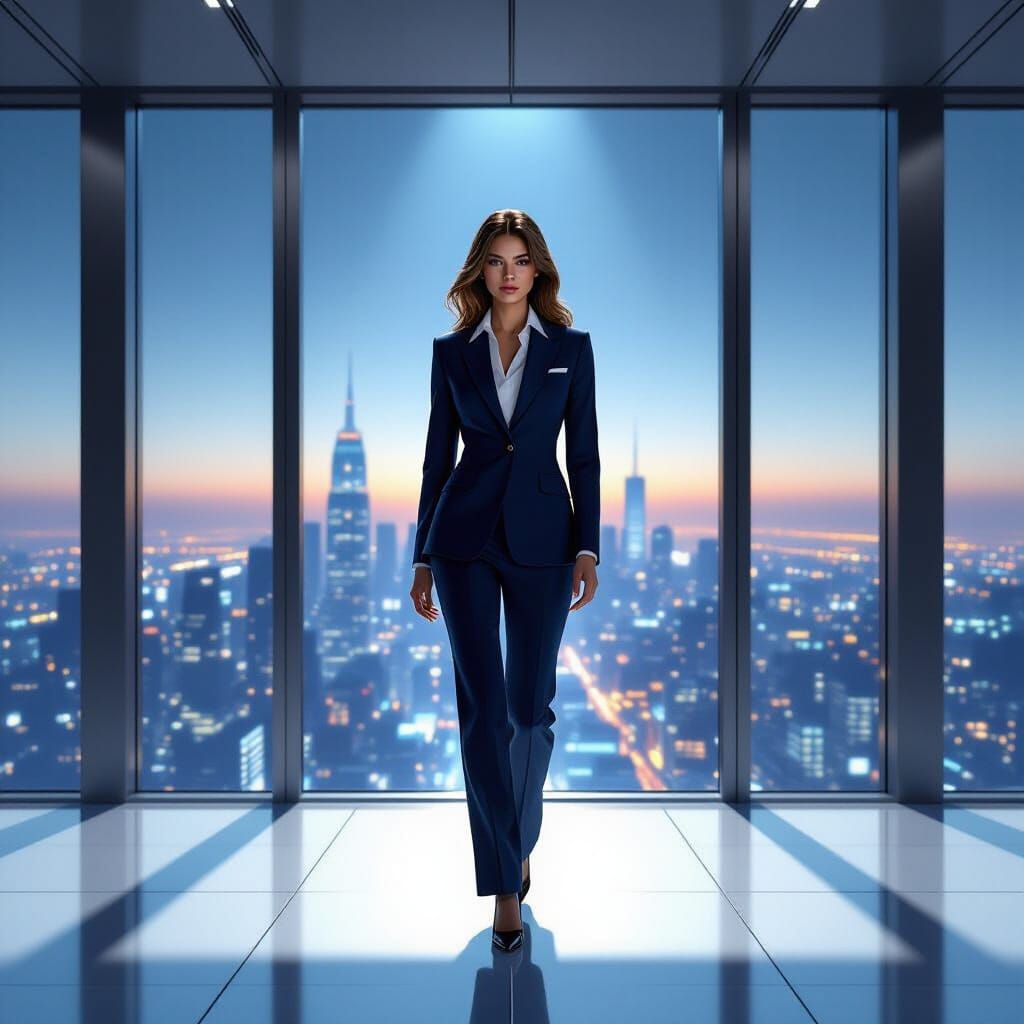 Woman in Navy Suit in Futuristic Office