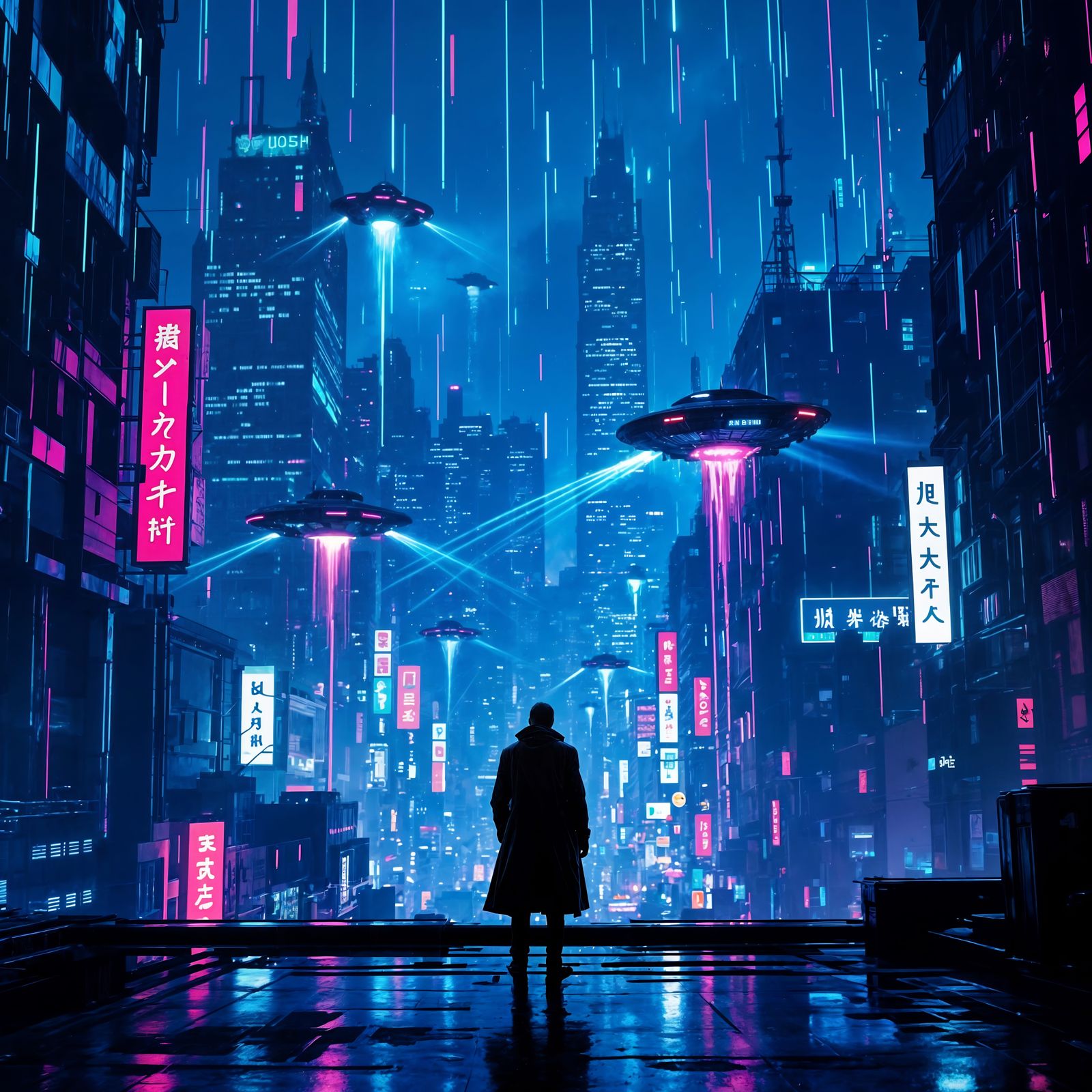 Cyberpunk Cityscape with Neon Paint Rain