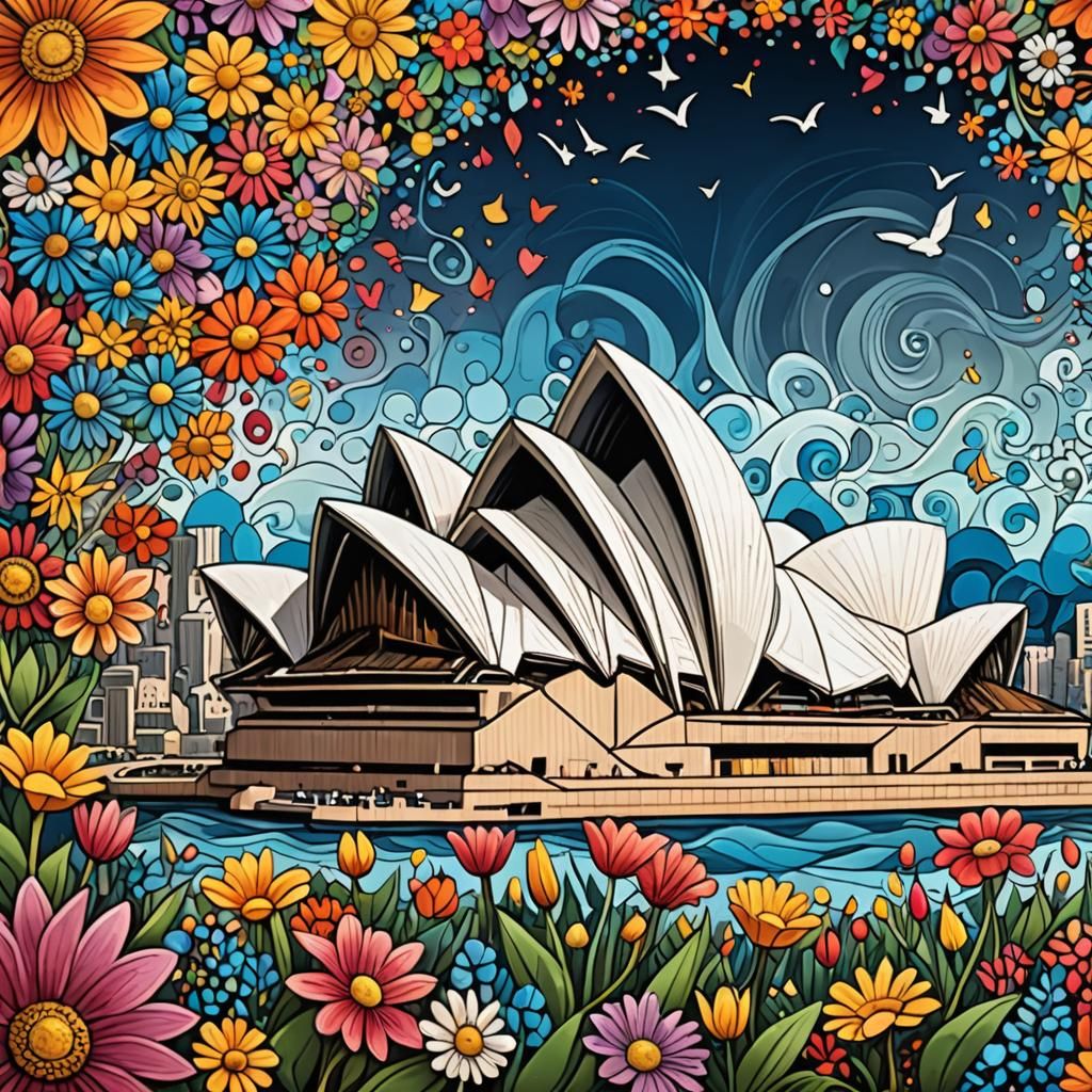 Sydney Opera House Chalk Art with Wildflowers