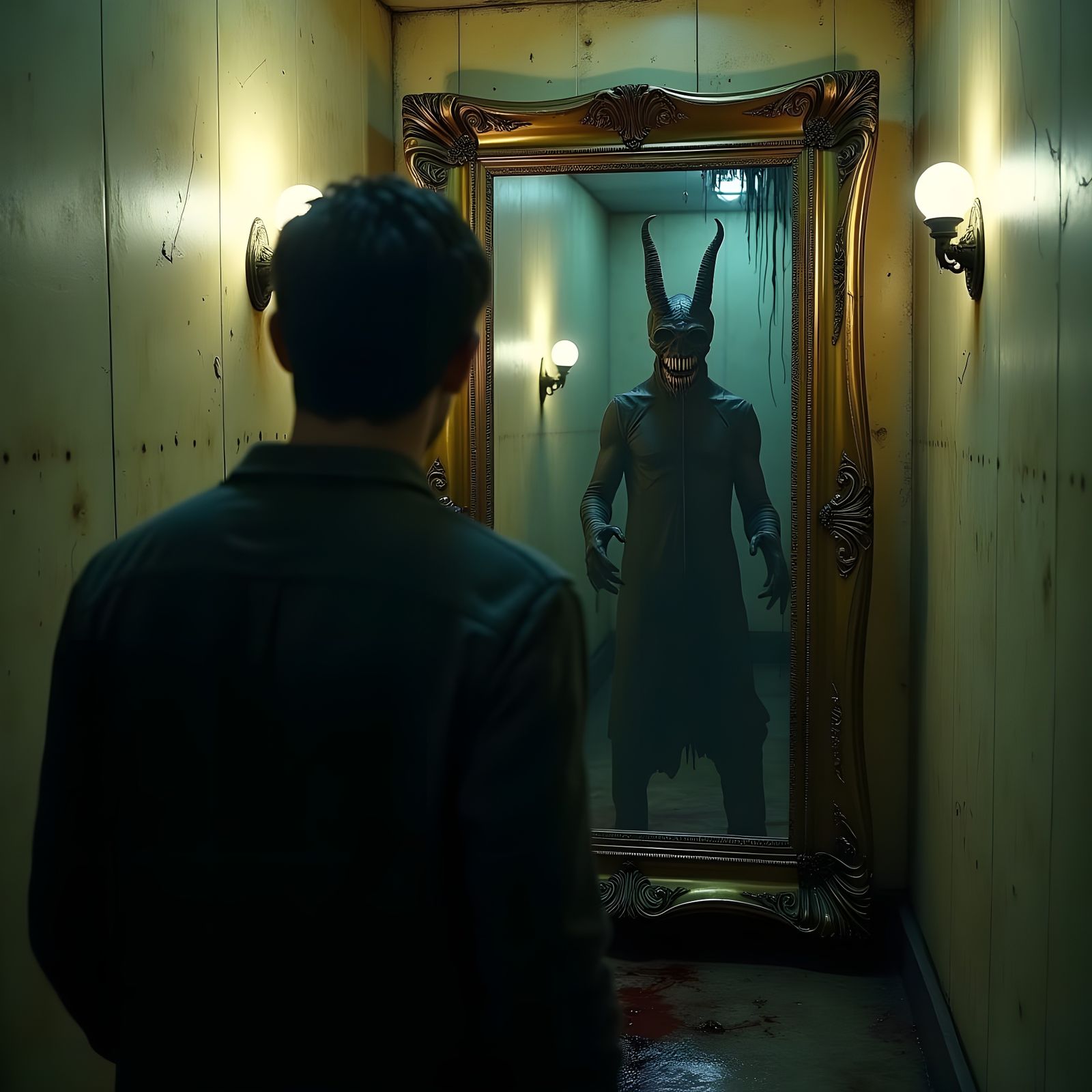 Eerie Mirror Encounter in a Haunting Abandoned Hallway