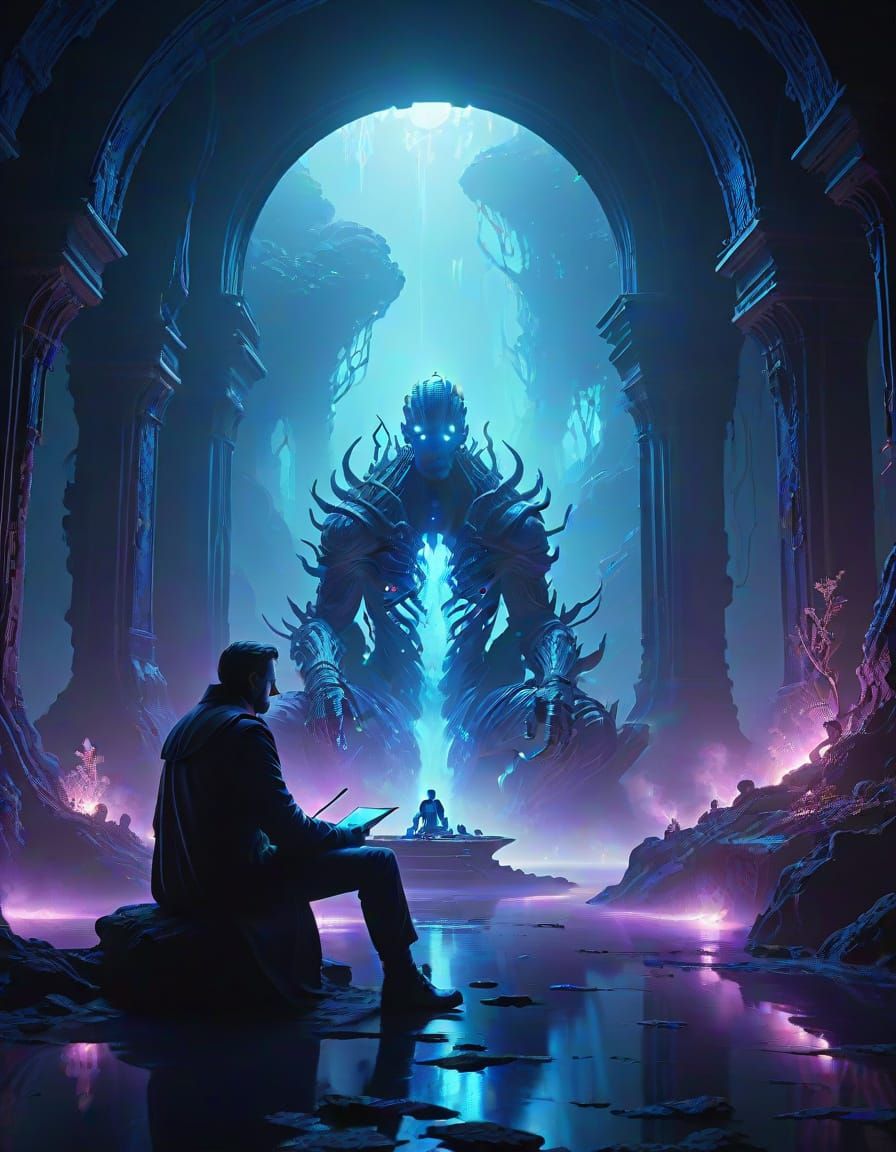 Shadowy Mastermind in Bioluminescent Lair: Digital Matte Pai...