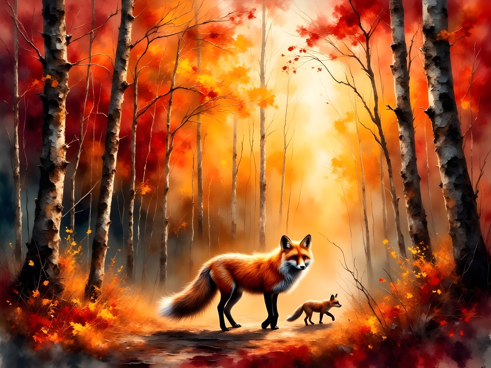 Autumn Fox Family Walks in Vibrant Forest Landscape