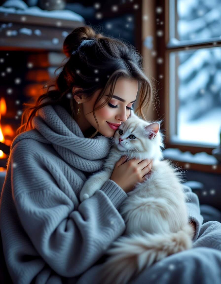 Woman Adoring Fluffy Kitten by Fireplace