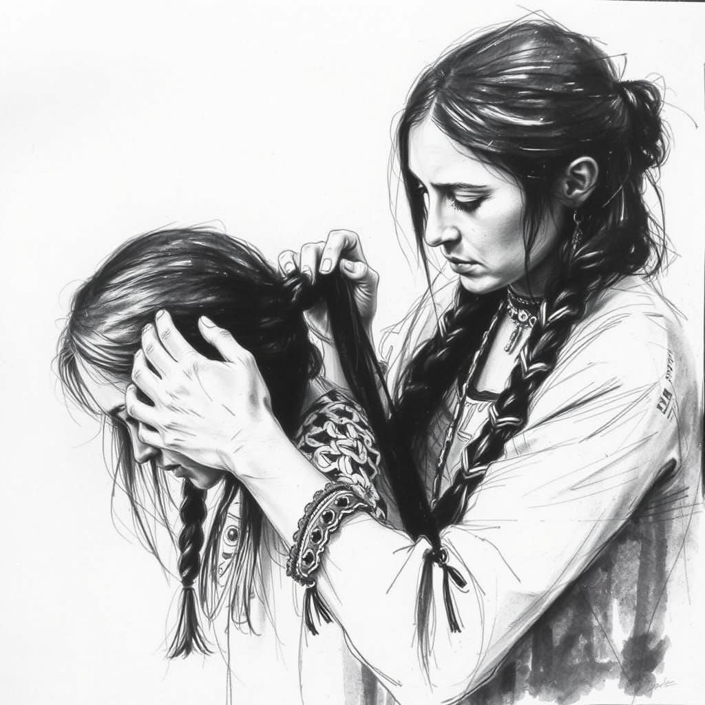 Sioux Girls: A Charcoal Sketch Portrait